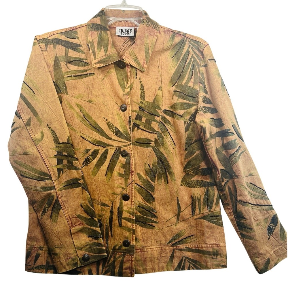 Chicos Design Beaded Women's Size 1  Tropical Leaf Print Button Front Blazer